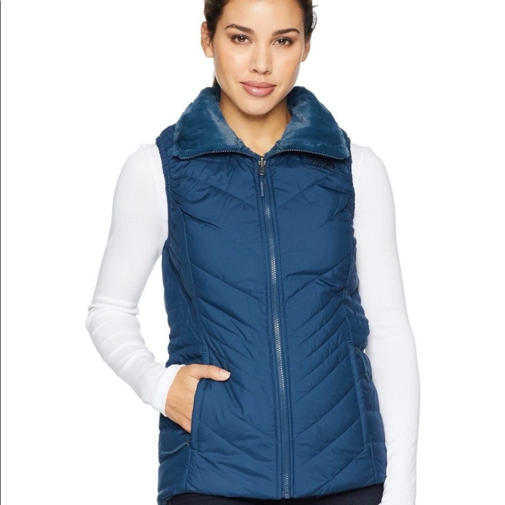THE NORTH FACE BLUE MOSSBUD INSULATED REVERSIBLE VEST WOMEN'S SIZE LARGE